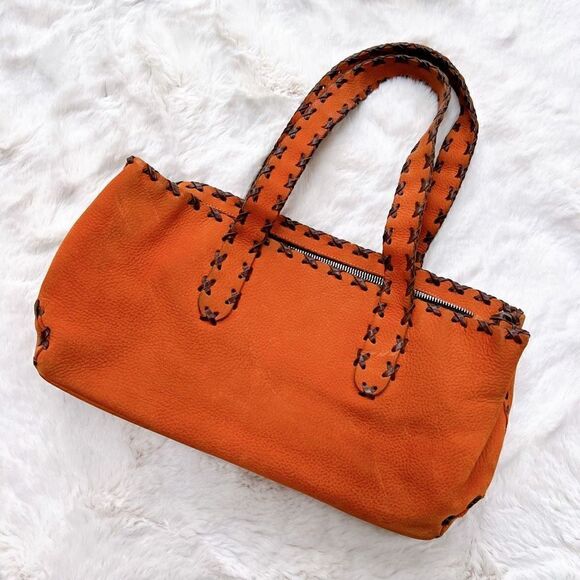 Vintage Y2K Leather Handmade Handbag Purse Shoulder bag Orange Brown - Picture 1 of 14